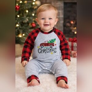 #1766 Synpos Boutique Merry Christmas Plaid& Gray One Piece Romper Sz. 6-12 M